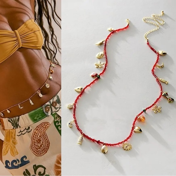 Free People Marson Belly Chain Red NWT Charm Necklace Bohemian Layering Charms - Picture 1 of 15
